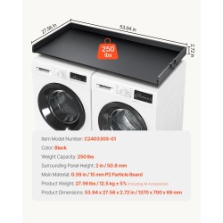 Työtaso pyykinpesukoneen ja kuivausrummun päälle 15 mm lastulevy 1370×700 mm musta