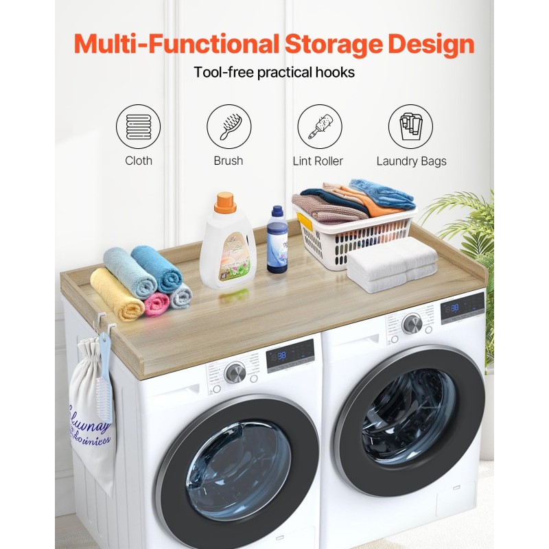 Työtaso pesukoneen ja kuivausrummun päälle 1370x700mm 15mm P2-lastulevy tammi