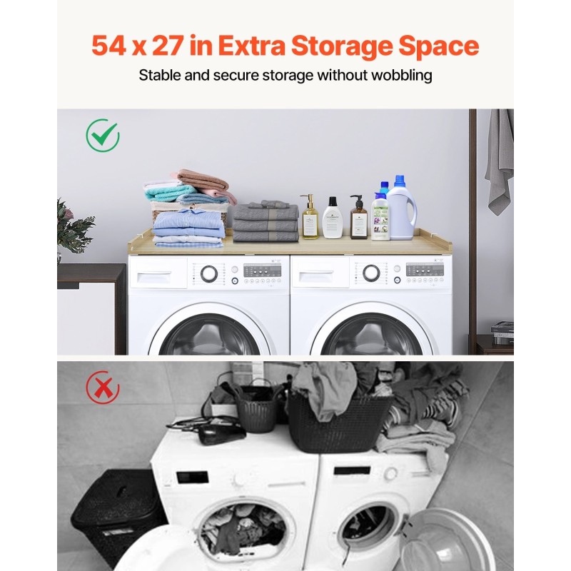 Työtaso pesukoneen ja kuivausrummun päälle 1370x700mm 15mm P2-lastulevy tammi