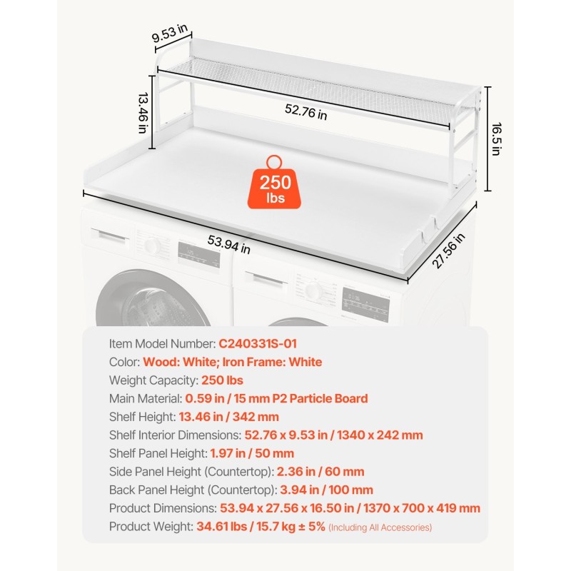 Pesukoneen ja kuivausrummun päällystaso 15 mm lastulevy 1370 x 700 mm valkoinen