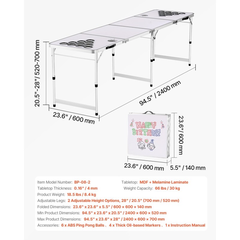 Taitettava beer pong -pöytä MDF-melamiinipinnoite 240x60 cm 6 palloa