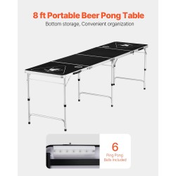 Taittuva beer pong -pöytä 8 ft MDF-melamiinipinnoite säädettävä korkeus 6 palloa