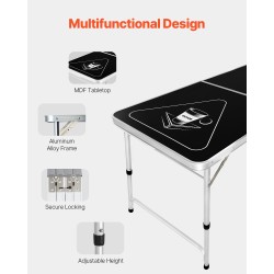 Taittuva beer pong -pöytä 8 ft MDF-melamiinipinnoite säädettävä korkeus 6 palloa