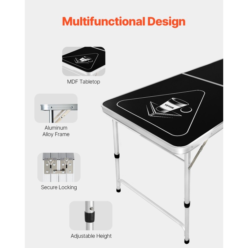 Taittuva beer pong -pöytä 8 ft MDF-melamiinipinnoite säädettävä korkeus 6 palloa