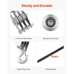 Köysitalja sinkitty teräs 500 kg nostokyky 30 m polyesteriköysi 6 mm