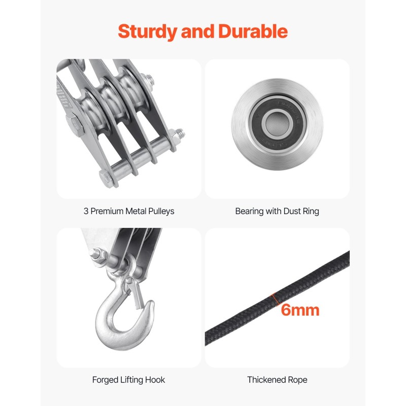 Köysitalja sinkitty teräs 500 kg nostokyky 30 m polyesteriköysi 6 mm