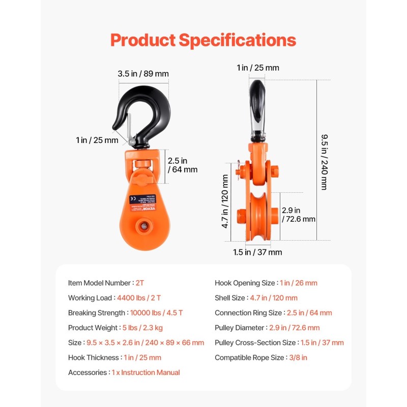 Taljalohko 2 t nimelliskuorma seosteräs 360 astetta kääntyvä koukku