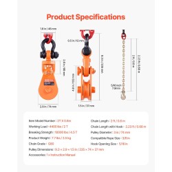 Vinssipyörä seosteräksinen 2 t työkuorma G80-metalliketju 0,6 m 74 mm pyörä
