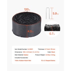 Kumimultamatto kierrätetystä kumista 3 metriä pitkä 11 senttimetriä leveä musta rikkaruohojen esto