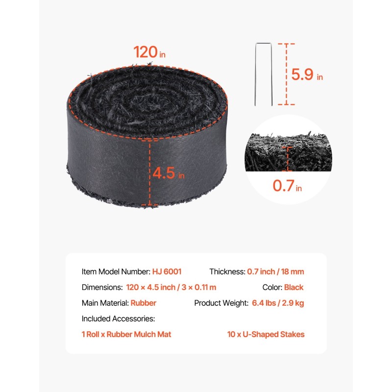 Kumimultamatto kierrätetystä kumista 3 metriä pitkä 11 senttimetriä leveä musta rikkaruohojen esto