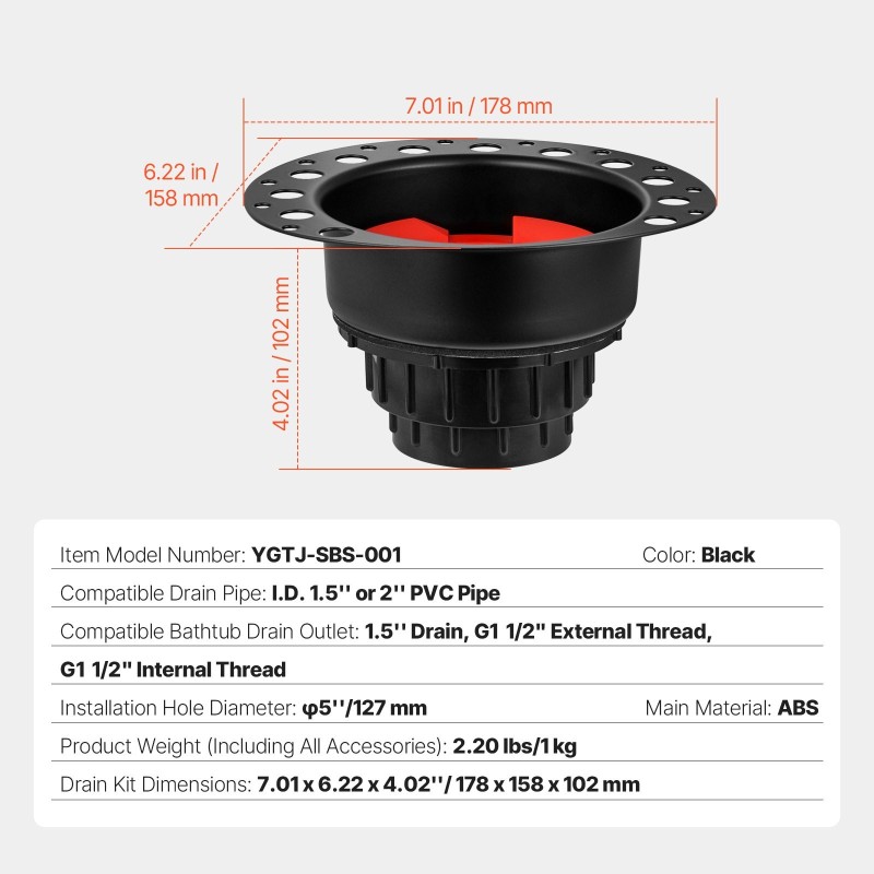 Vapaasti seisovan kylpyammeen viemärisarja messinkirunko ABS-muovi 127 millimetrin asennusaukolle