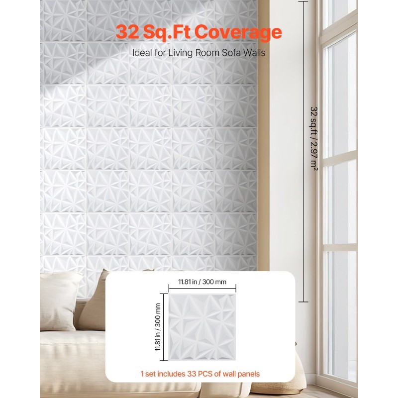 Seinäpaneelit PVC 33 paneelia timanttikuvio mattavalkoinen 2,97 m² 300x300 mm