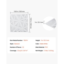 Seinäpaneelit PVC 33 paneelia timanttikuvio mattavalkoinen 2,97 m² 300x300 mm