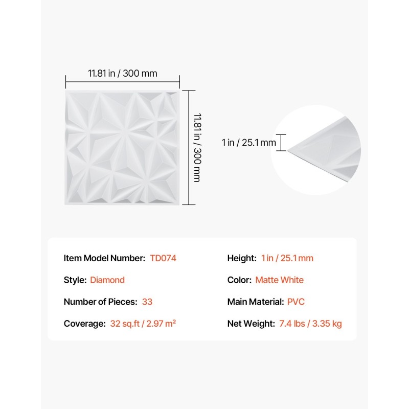 Seinäpaneelit PVC 33 paneelia timanttikuvio mattavalkoinen 2,97 m² 300x300 mm