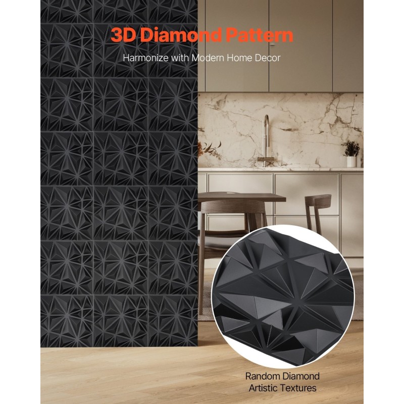 3D-seinäpaneelit PVC mattamusta timanttikuvio 33 kpl 2,97 m² sisätiloihin