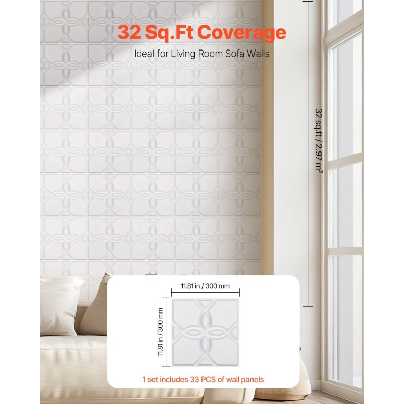 Kolmiulotteiset PVC-muoviset seinäpaneelit 33 kpl 300 x 300 mm mattavalkoinen kukkakuvio