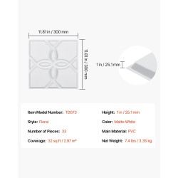 Kolmiulotteiset PVC-muoviset seinäpaneelit 33 kpl 300 x 300 mm mattavalkoinen kukkakuvio