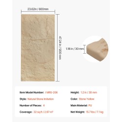 Seinäpaneelit 3D-teksturoitu PU-materiaali 4 kpl 1200x600x30 mm 2,97 m² kivikeltainen