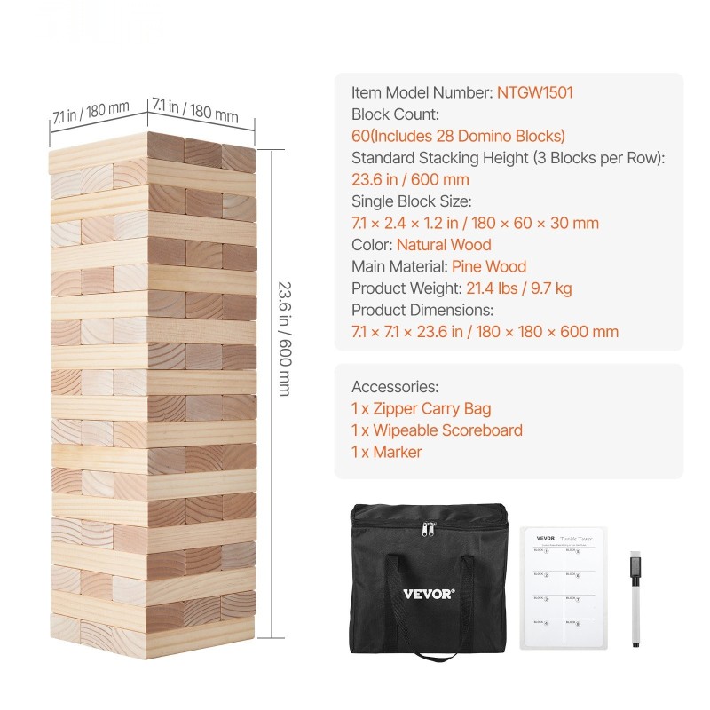 Puinen tornipeli mäntypuusta 60 palikkaa 28 dominopalikkaa kantolaukulla perhepeliksi