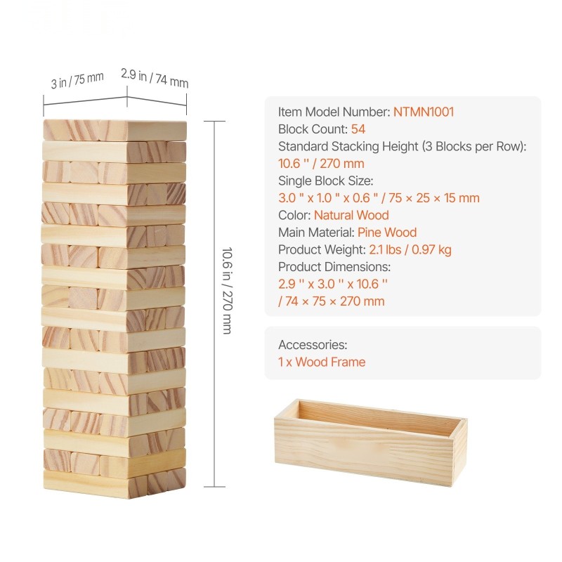Puinen kaatumistornipeli mäntypuuta 54 palikkaa palikkakoko 75x25x15 mm sisä ja ulkokäyttöön