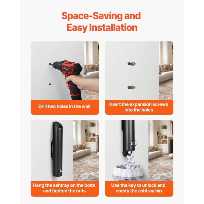 Seinään kiinnitettävä tumpinkeräin ruostumatonta terästä ja alumiinia musta ulkokäyttöön lukolla