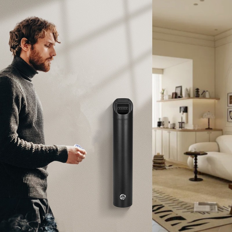 Seinään kiinnitettävä tumpinkeräin ruostumatonta terästä ja alumiinia musta ulkokäyttöön lukolla