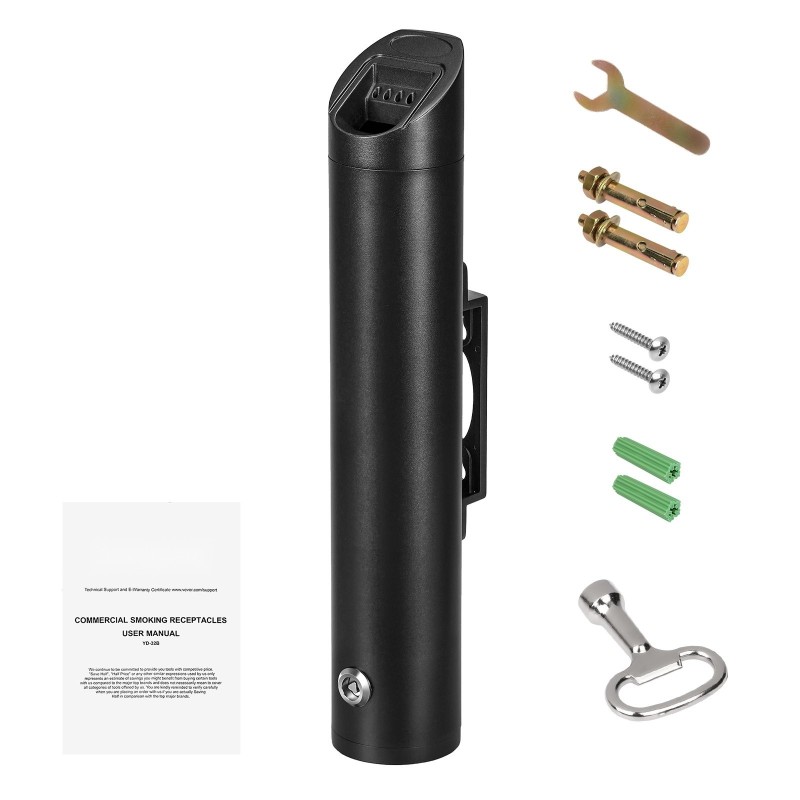 Seinään kiinnitettävä tumpinkeräin ruostumatonta terästä ja alumiinia musta ulkokäyttöön lukolla