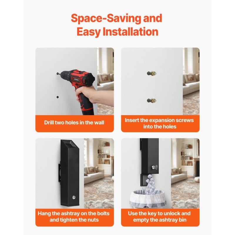 Seinäasennettava tupakantumien keräysastia ruostumaton teräs ja alumiiniseos lukittava musta