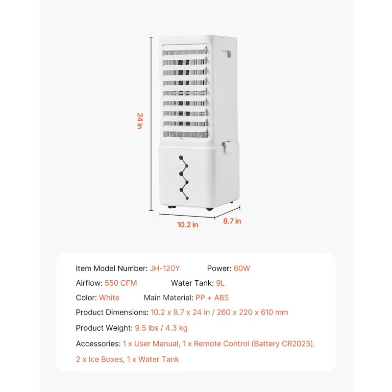 Haihdutusilmanjäähdytin 9L vesisäiliöllä ilmavirta 550 CFM kannettava 3 nopeutta 12 tunnin ajastin