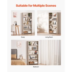 Leveä 5-tasoinen kirjahylly valkoinen E1-lastulevy kaatumisen estovarusteilla