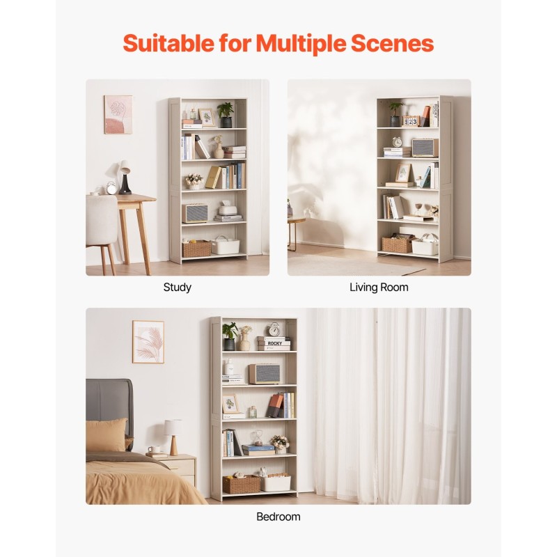 Leveä 5-tasoinen kirjahylly valkoinen E1-lastulevy kaatumisen estovarusteilla