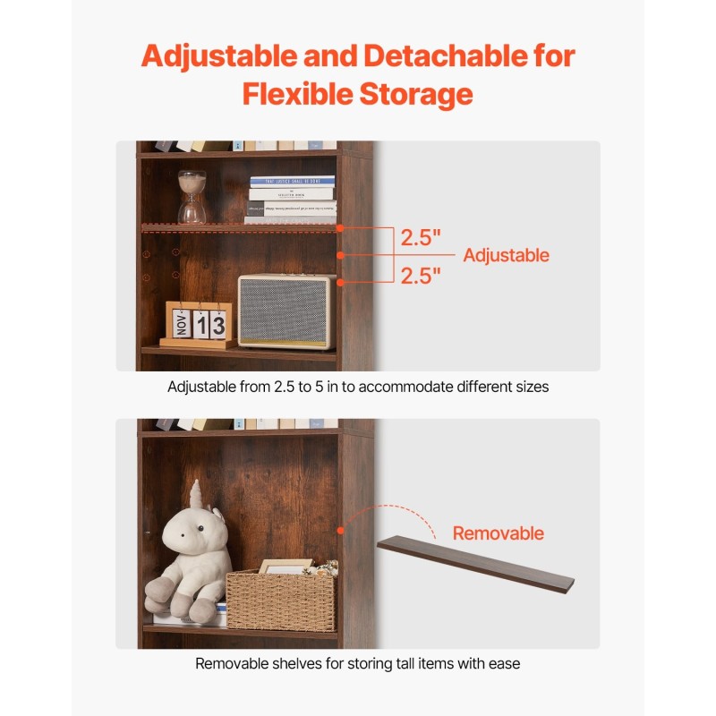 Kapea 5-tasoinen kirjahylly E1-luokan lastulevy korkeus 134,5 cm korkeussäädettävät hyllyt