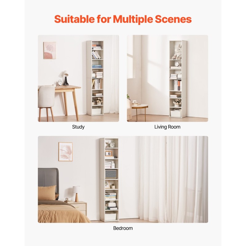 Kirjahylly kapea 8-tasoinen valkoinen E1-lastulevy 33x30x180 cm korkeussäädettävät hyllyt