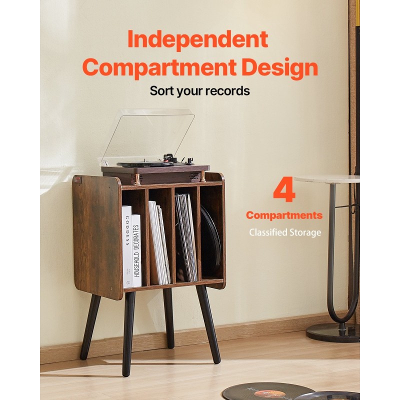 Pöytätaso levysoittimelle 4 lokeroa jopa 100 vinyylille säädettävät jalat lämmin ruskea