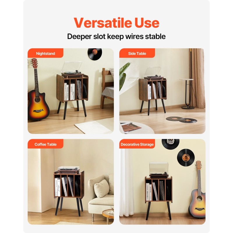 Pöytätaso levysoittimelle 4 lokeroa jopa 100 vinyylille säädettävät jalat lämmin ruskea