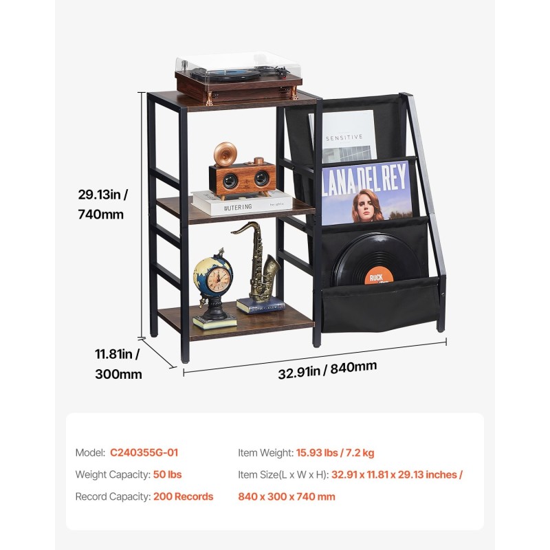 Kolmitasoinen levysoitinteline vesitiivis runko Oxford-kangaslokeroilla 200 vinyylilevyä