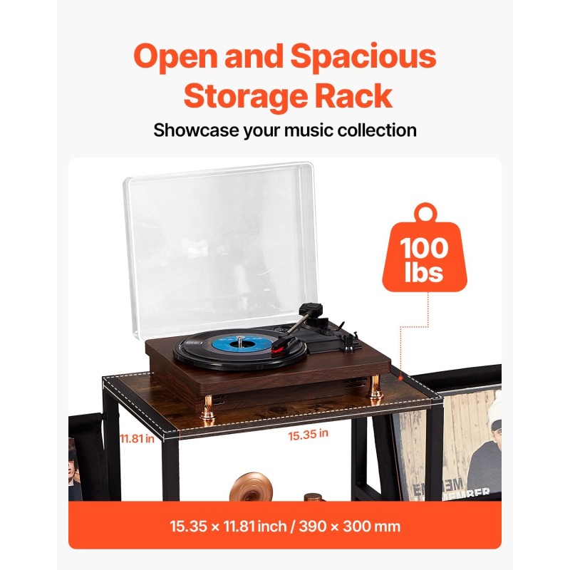 Kolmitasoinen levysoitintaso metallirungolla puisilla hyllyillä kangaslaukulla