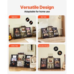 Kolmitasoinen levysoitintaso metallirungolla puisilla hyllyillä kangaslaukulla