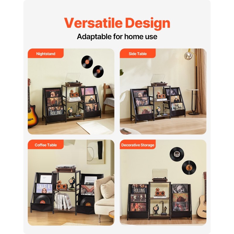 Kolmitasoinen levysoitintaso metallirungolla puisilla hyllyillä kangaslaukulla