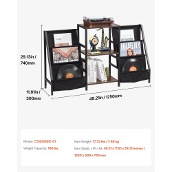 Kolmitasoinen levysoitintaso metallirungolla puisilla hyllyillä kangaslaukulla