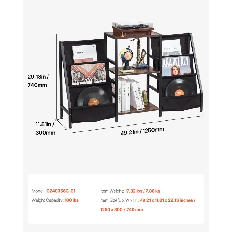 Kolmitasoinen levysoitintaso metallirungolla puisilla hyllyillä kangaslaukulla