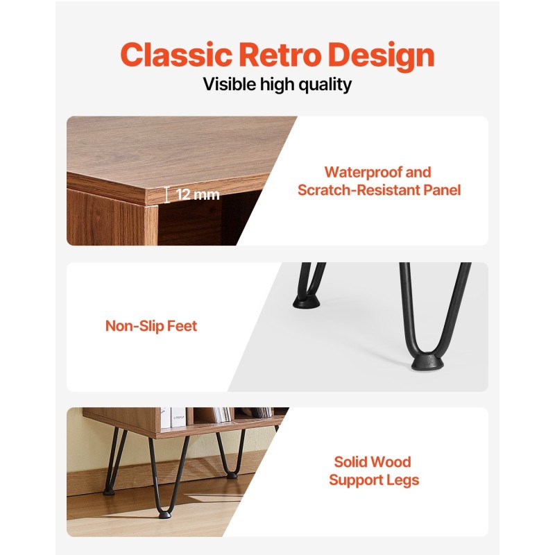 Levysoitinteline kolmitasoinen vinyylisäilytys ruskea metallijaloilla vesitiiviillä pinnoitteella