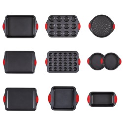 Uunivuokasetti 10 osainen hiiliteräksinen tarttumattomalla Teflon pinnoitteella 7 suorakulmaista ja 3 pyöreää vuokaa