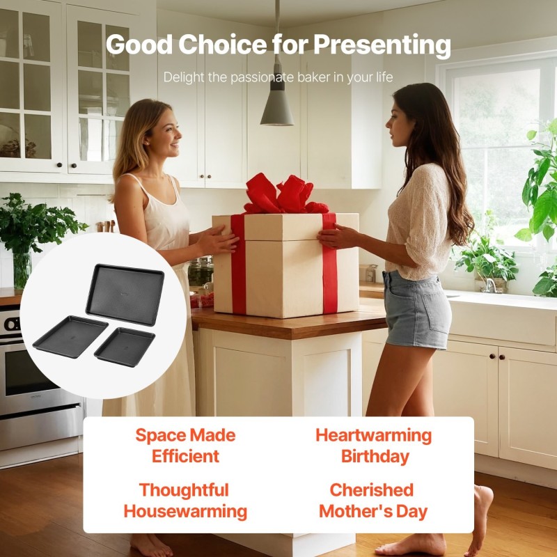 Leivontasetti 3-osainen hiiliteräksinen tarttumaton silikonikahvoilla erikokoisilla uunivuokilla