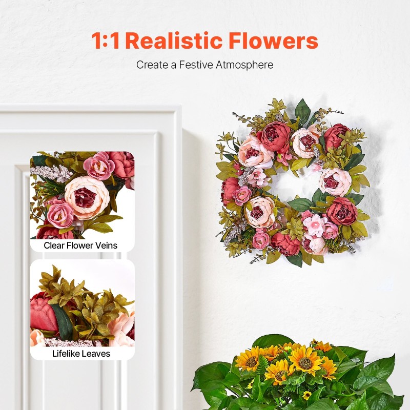 Keinotekoinen koristekranssi silkkikukilla ja pajupohjalla noin 48 senttimetriä vaaleanpunainen