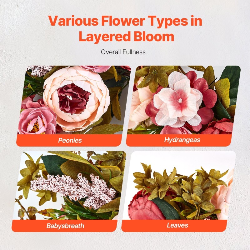 Keinotekoinen koristekranssi silkkikukilla ja pajupohjalla noin 48 senttimetriä vaaleanpunainen