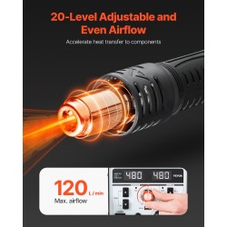 Kaksitoiminen kuumailma ja juotosasema metallirunkoinen kahdeksansataakaksikymmentä wattia elektroniikkakorjaukseen sisältää