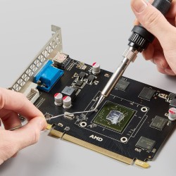 Kaksitoiminen kuumailma ja juotosasema metallirunkoinen kahdeksansataakaksikymmentä wattia elektroniikkakorjaukseen sisältää