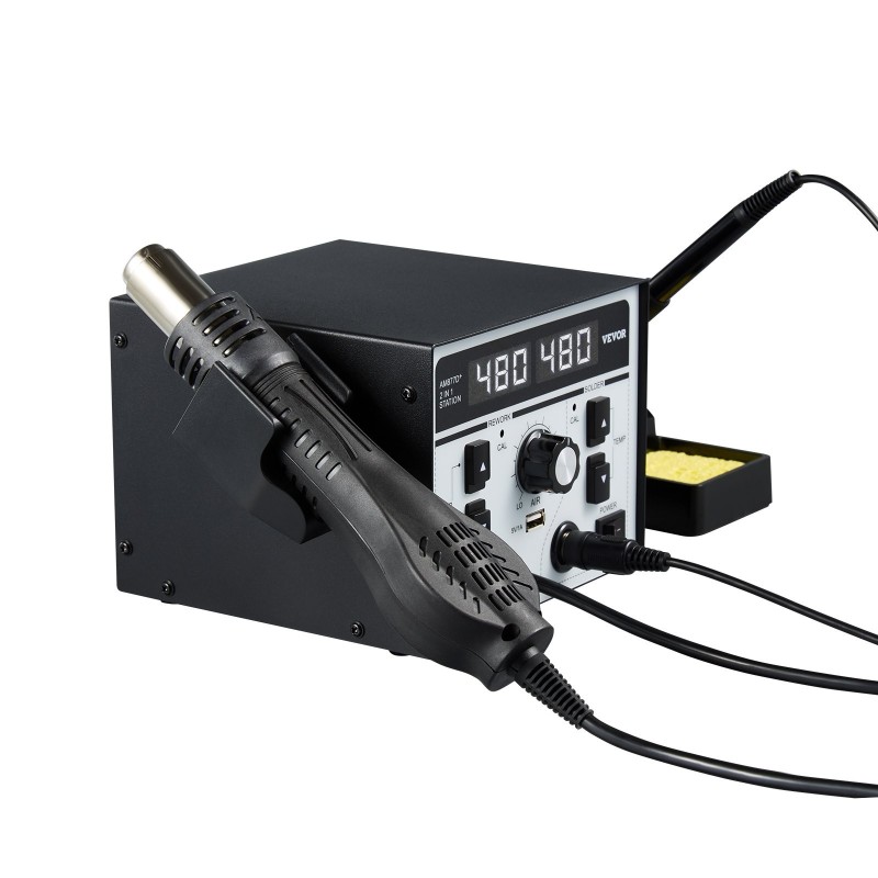 Kaksitoiminen kuumailma ja juotosasema metallirunkoinen kahdeksansataakaksikymmentä wattia elektroniikkakorjaukseen sisältää