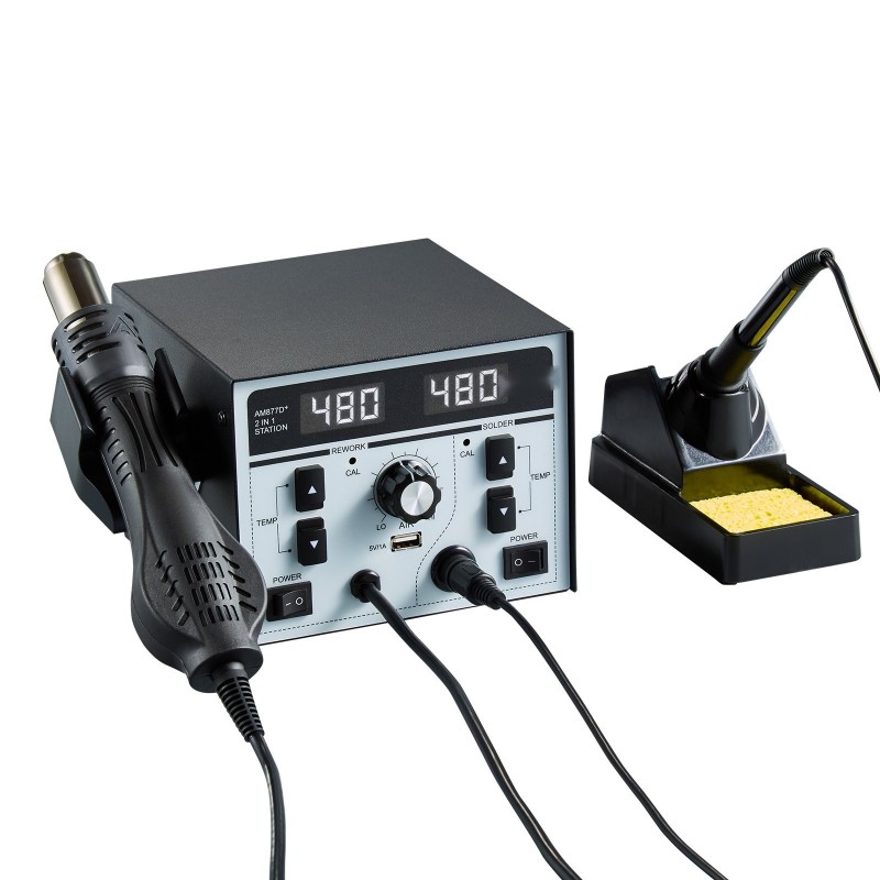 Kaksitoiminen kuumailma ja juotosasema metallirunkoinen kahdeksansataakaksikymmentä wattia elektroniikkakorjaukseen sisältää